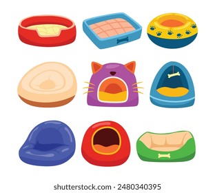 Set of colorful different pet beds in cartoon style collection, cute beds for cats, dogs with pillows, Cat and dog bed house. A place for a pet to sleep. A pet care item vector illustration.