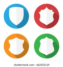 Set of colorful different shield shapes icons in flat style with long shadow. Vector illustration