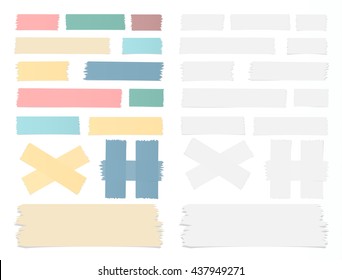 Set of colorful different size sticky, adhesive, masking tape, banners are stuck on white background