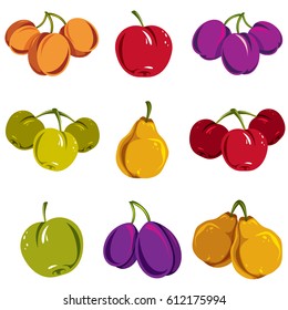 Set of colorful different vector ripe sweet fruits. Apricots, plums, pears, apples and cherries isolated on white background. Organic food symbols.
