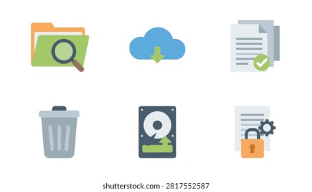 Set of colorful digital file management icons featuring a folder, cloud download, locked document, and hard drive.