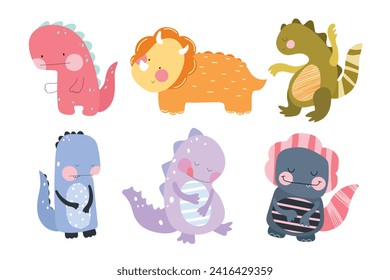 Set with colorful dino on white background, Vector illustration.