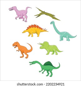 set of colorful dinosaur design vector illustration. velociraptor, tyrannosaurus, triceratops, brontosaurus, stegosaurus.