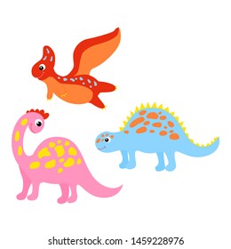 Set of colorful dinosaurs in beautiful style on white background. Cute cartoon dino design. Happy smile set vector. Internet concept. Cartoon style, flat isolated vector. Cute character design.