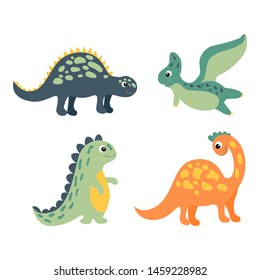 Set of colorful dinosaurs in beautiful style on white background. Cute cartoon dino design. Happy smile set vector. Internet concept. Cartoon style, flat isolated vector. Cute character design.