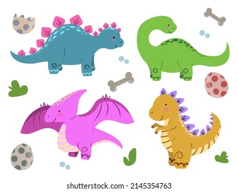 Set of colorful dinosaurs. Flat vector illustration. 