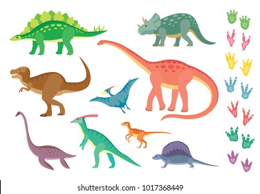 Set of colorful dinosaurs and footprints, isolated on wite background. Vector illustration.