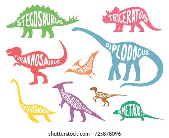 Set of colorful dinosaurs with lettering. Vector illustration.