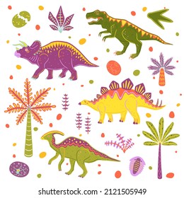 Set with colorful dinosaurs, palms and dinosaur eggs. Vector flat illustration collection