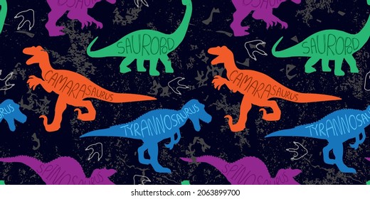 Set of colorful dinosaurs seamless pattern, print for T-shirts, textiles, wrapping paper, web. Original design 