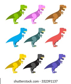 Set of colorful dinosaurs. Tyrannosaurus Rex. Cute animals prehistoric period. Big scary reptile.  Angry ancient Predator t-rex dinosaur.