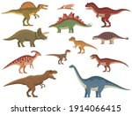 Set of colorful dinosaurs. Vector illustration group of color cartoon dinosaurs isolated on a white background. Flat style.