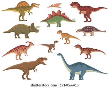 Set of colorful dinosaurs. Vector illustration group of color cartoon dinosaurs isolated on a white background. Flat style.