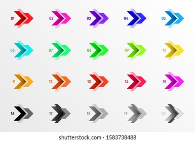 Set of Colorful direction number bullet points from 1 to 20. Simple abstract elements. Geometric vector illustration. Isolated on white background.