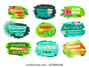 Set of colorful discount emblems off summer sale advertisement labels with gentle flowers, promo stickers design, sale tag emblems info about sales