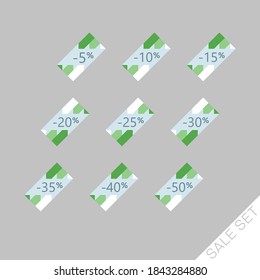 Set of colorful discount labels to attract customers' attention. Timeless easy-to-read design. Suitable for web page ads, tags, discount offer price labels, badges, coupons, flyers etc.