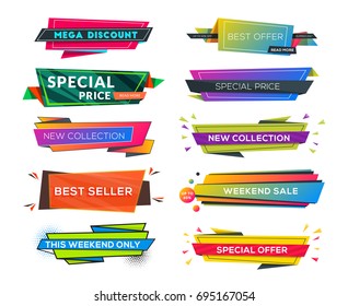Set of colorful discount and promotional sale origami stickers. Folded paper with advertising tags. Vector design elements for website, flyer, poster