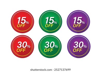 Set of colorful discount sale stickers with 15% and 30% off, available in red, green, and purple. Ideal for promoting discounts."