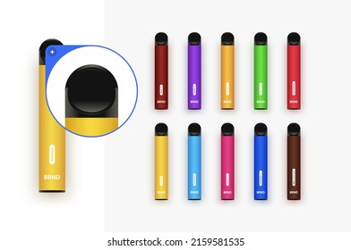 Set of colorful disposable electronic cigarettes in different flavors. Modern smoking devices in different colours. Vector realistic high quality illustration