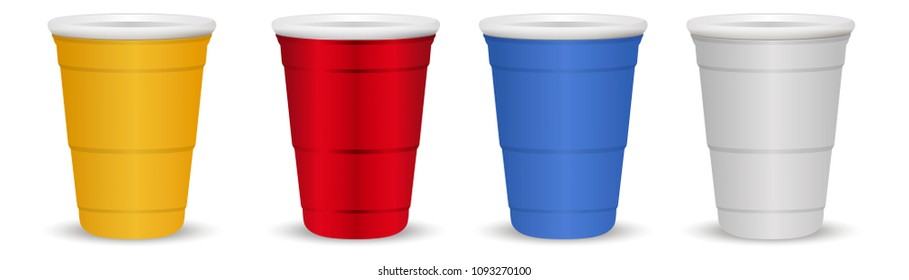 Set of colorful Disposable paper or plastic Cups isolated on white background. Easy to change color realistic 3d vector illustration. Red, yellow, blue, grey colored drink.