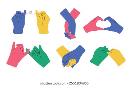 Set with colorful diverse hands holding each other, being in love or friends. Hand drawn set of vector illustrations, isolated on white