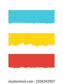 Set of colorful divider headers concept. Blue, red and yellow sheets of paper. Torh and ripped sheets in grunge style, scratch. Cartoon flat vector collection isolated on white background