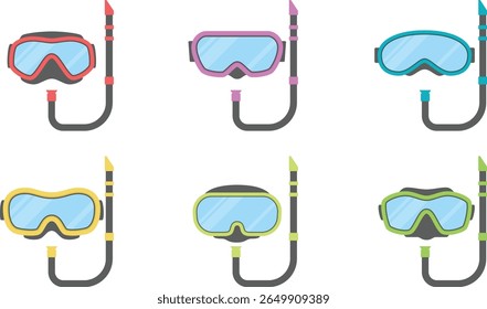 Conjunto de Máscaras de Mergulho Coloridas com Snorkels Ilustração de Vetor Plano para Esportes Aquáticos de Verão e Design de Aventura Subaquática