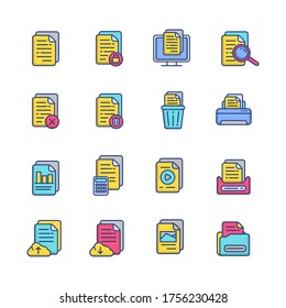 Set of colorful document and data related icons isolated on white background 
