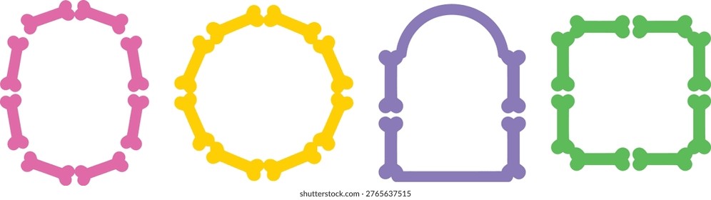 Set of colorful dog bone frames for pet themed designs. Simple geometric shapes. Playful graphic elements. Minimal vector illustration