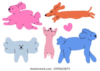 Set with colorful dogs. Cartoon style running and lying pets. Hand drawn vector illustration.