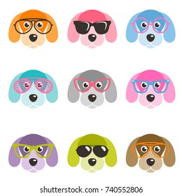set of colorful dogs with glasses