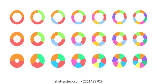 Set of colorful donut or pie chart. Circle division on 2, 3, 4, 5, 6, 7, 8 equal parts. Wheel diagrams with two, three, four, five, six, seven, eight segments. Vector flat illustration