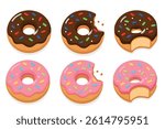 Set of colorful donuts with chocolate and strawberry glaze – flat vector illustration of whole, bitten and halved donuts