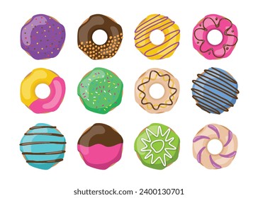 Colorful Donuts Collection, estilo de dibujos animados con varios sabores, donuts acristalados con rociadas, donuts crema con hielo rosado y vista superior de chocolate. ilustración vectorial