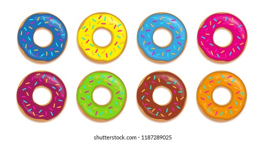 Set of colorful donuts with different glazes and sugar sprinkles vector illustration EPS10