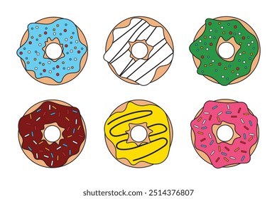 A set of colorful donuts with different glazes and sprinkles, top view.