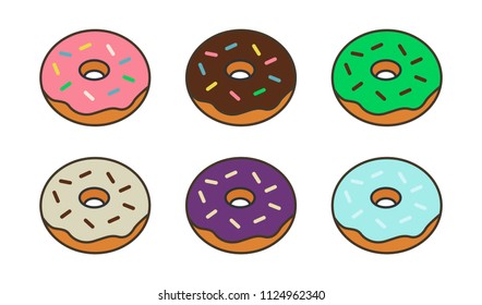 Set of  colorful donuts in flat style icon isolated on white background, top view
