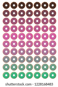 Set of colorful donuts. Here is a gradient from turquoise glazing to pink and brown. Very tasty collection