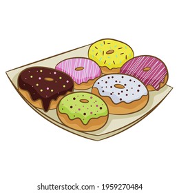 A set of colorful donuts in icing on a plate, isolated on a white background. Vector illustration in cartoon flat style.