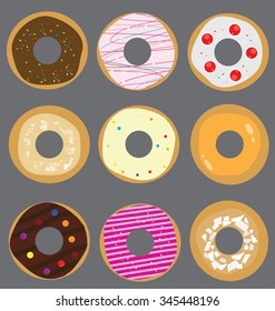 Set of colorful donuts icon in vector on gray background.