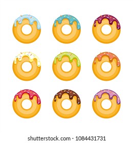 Set of colorful donuts isolated on white background. Top View Donuts collection in bright glaze for postcards, menu design, cafe decoration, delivery box. vector Doughnut illustration