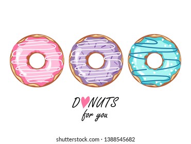 Set of colorful donuts, isolated on white background. A collection of donuts in the glaze for the decoration of the menu, cafes, boxes. Vector color illustration, top view.