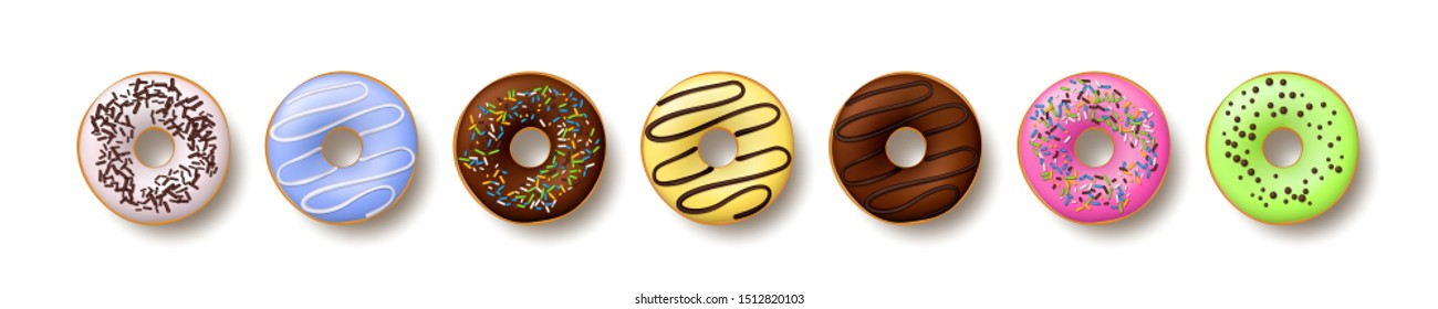 Set of colorful donuts isolated on white background. Top view, realistic style. Vector illustration.