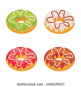 Set of colorful donuts isolated on white background vector illustration in flat style. donuts collection into glaze suitable for menu, cafe decoration, delivery box etc. 