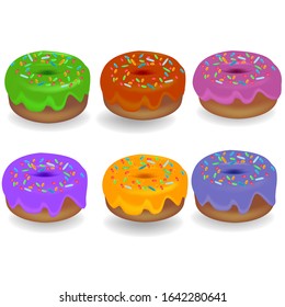 Set of colorful donuts isolated on a white background. Donuts in multicolored glazes for menu design, cafe decoration, delivery boxes. Vector illustration of donuts.