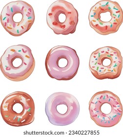 Set of colorful donuts isolated on white background. Watercolor illustration.