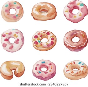 Set of colorful donuts isolated on white background. Watercolor illustration.