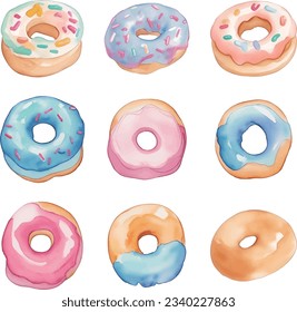 Set of colorful donuts isolated on white background. Watercolor illustration.