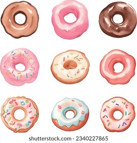 Set of colorful donuts isolated on white background. Watercolor illustration.