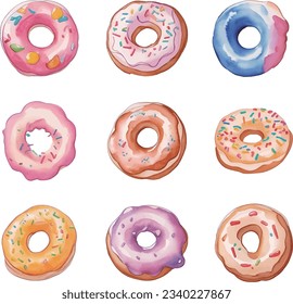 Set of colorful donuts isolated on white background. Watercolor illustration.
